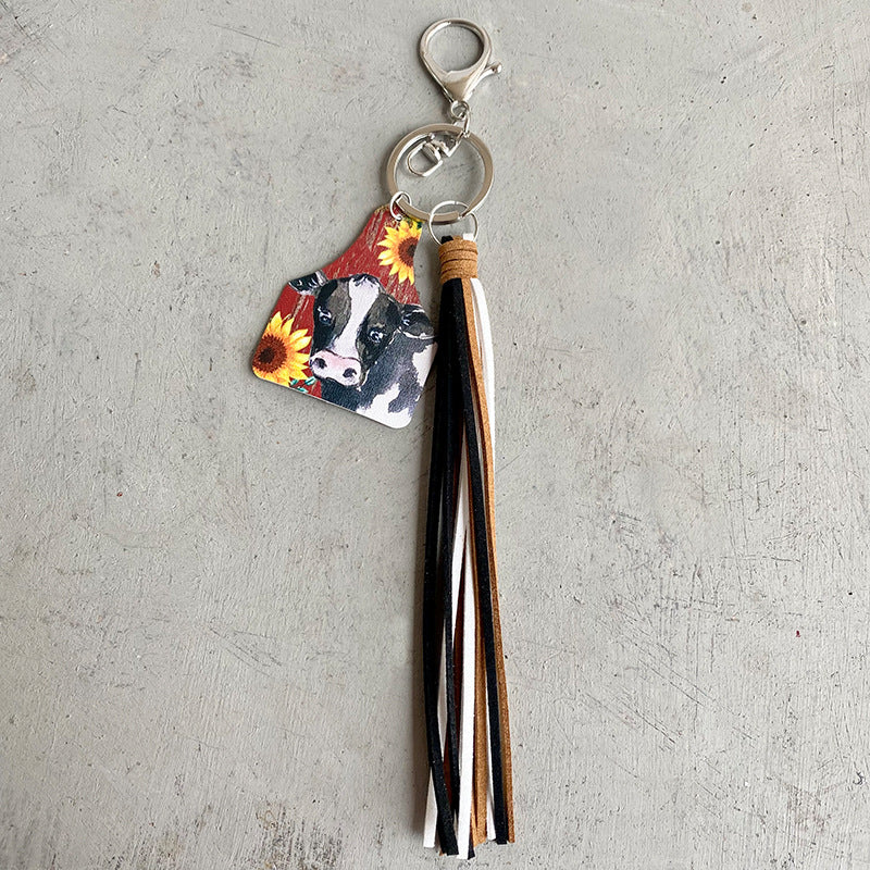 Wholesale 2pcs Handmade Popular Western Farm Style Leather Cow Horse Deer Cow Tassel Keychains
